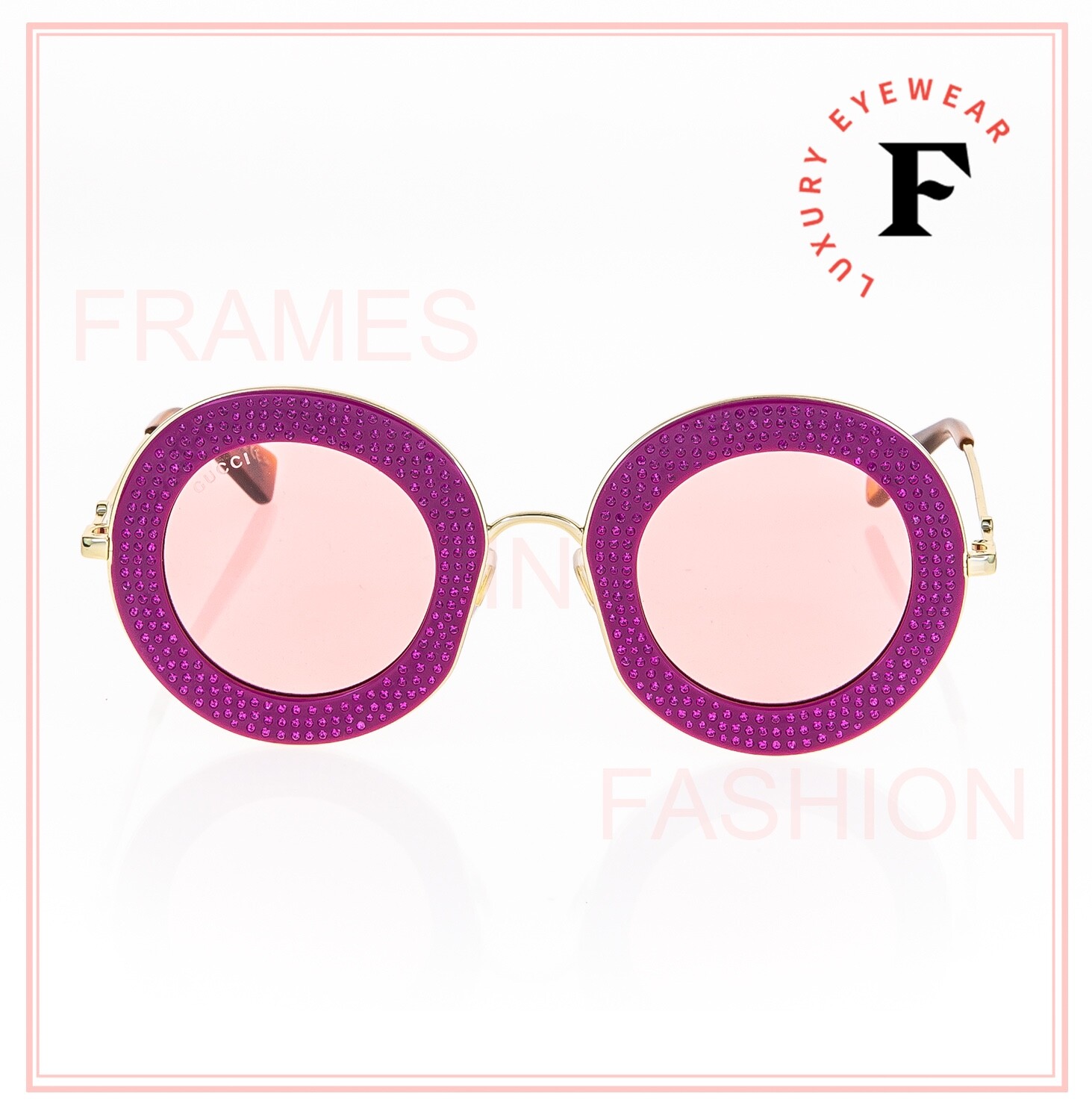 Pre-owned Gucci Authentic 0113 Round Pink Red Gold Crystal Pave Sunglasses Gg0113s 012