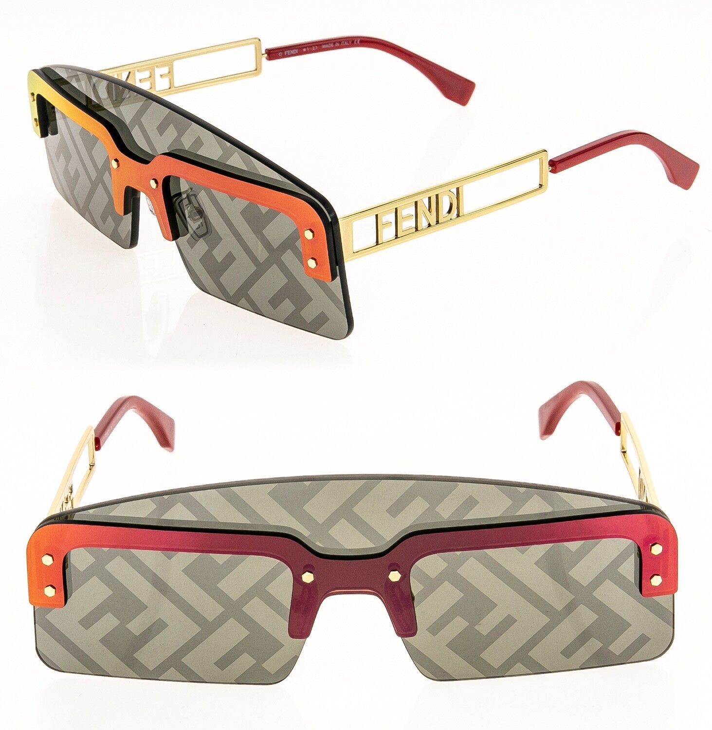 Pre-owned Fendi Technicolour 40023 Red Gold Ff Mirror Print Futuristic Sunglass Fe40023u In Gray