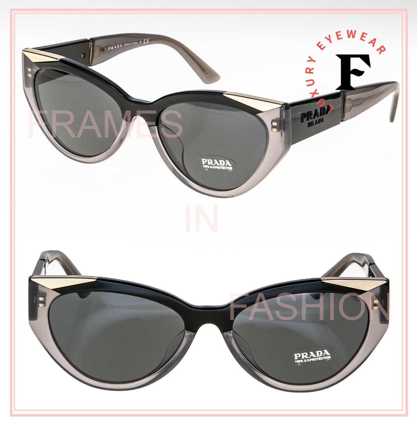 Pre-owned Prada Symbole Black Gray Triangle Pr03ws 03w Cat Eye Fashion Sunglasses 55mm