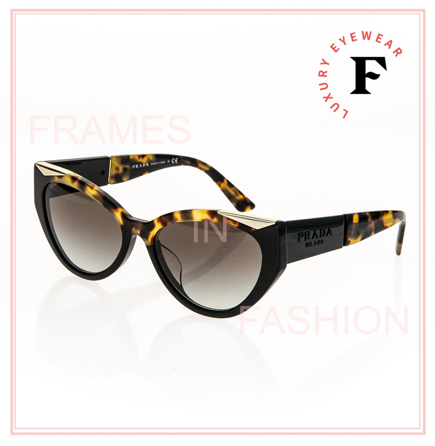 Pre-owned Prada Symbole Black Havana Gold Triangle Pr03wsf 03w Cat Eye Fashion Sunglasses In Gray