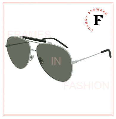 Pre-owned Saint Laurent Classic Oversized 11 Ysl 001 Silver Aviator Sunglasses 64mm Sl11 In Gray