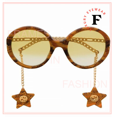 Pre-owned Gucci Chain 0726 Gold Brown Yellow Star Detachable Charm Sunglasses Gg0726 004