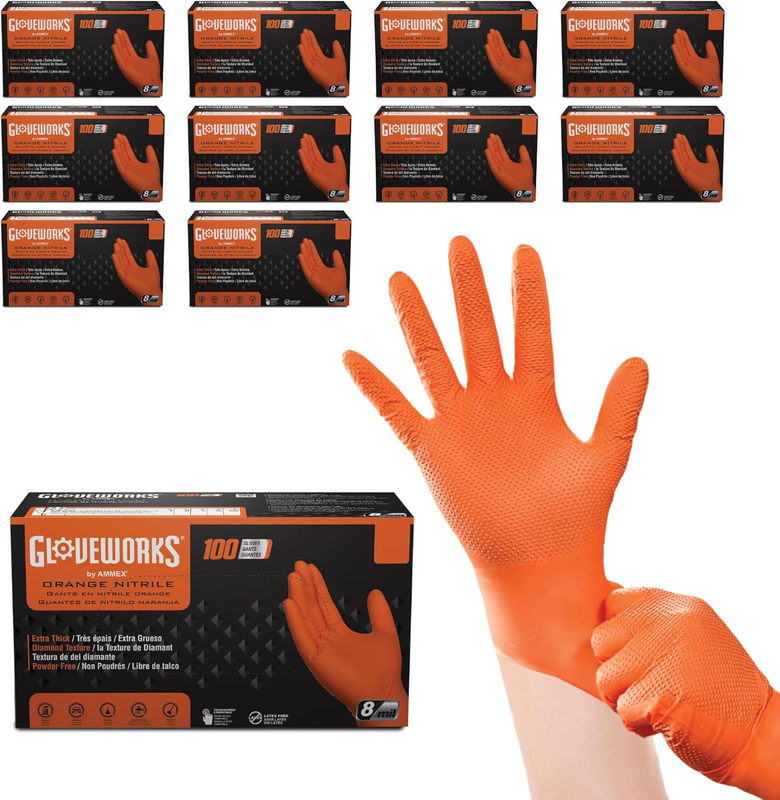HD Orange Nitrile Gloves, 8 Mil Nitrile Disposable Gloves with Raised Diamond Texture, Mechanic Gloves Disposable