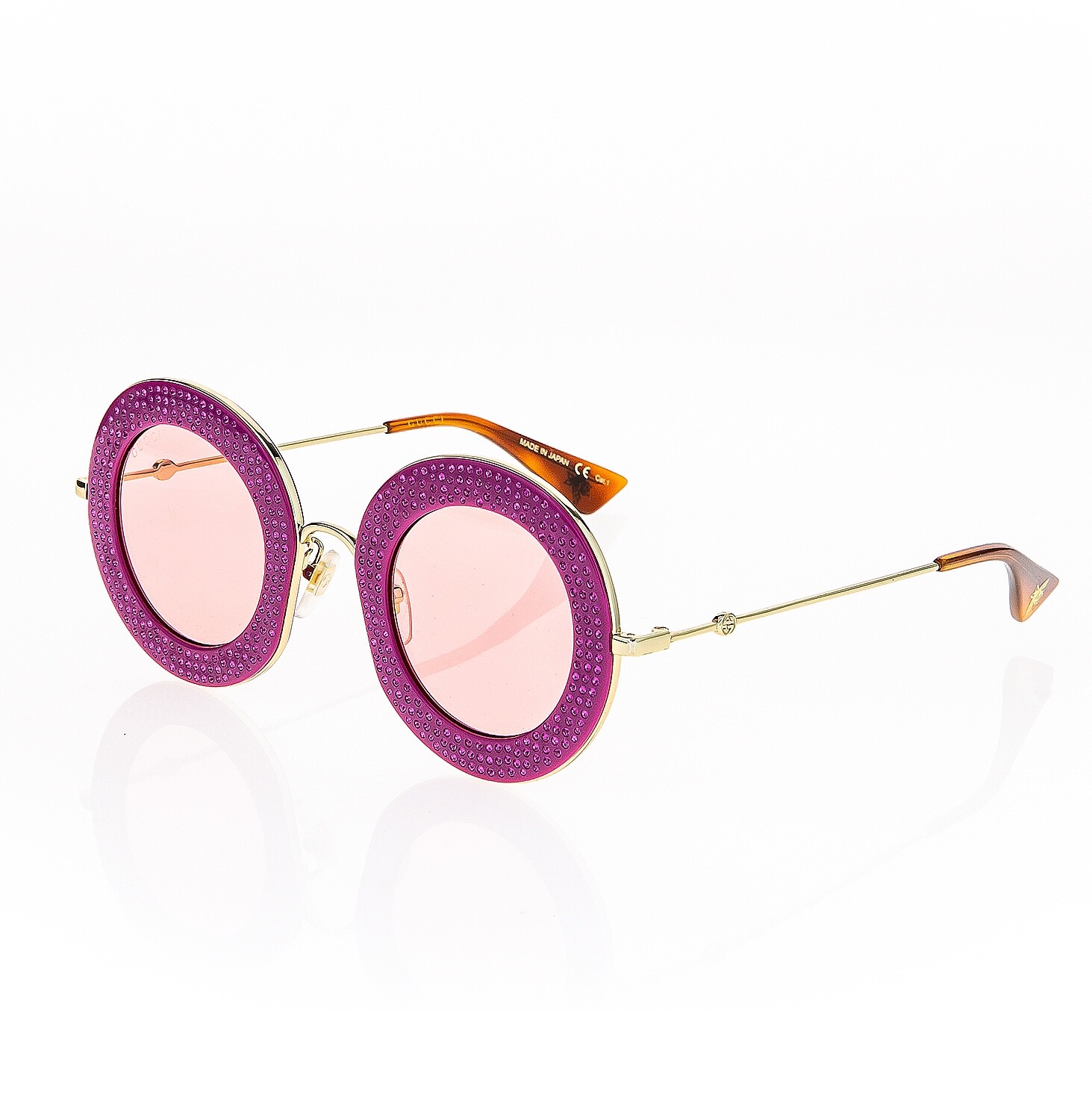 Pre-owned Gucci Authentic 0113 Round Pink Red Gold Crystal Pave Sunglasses Gg0113s 012