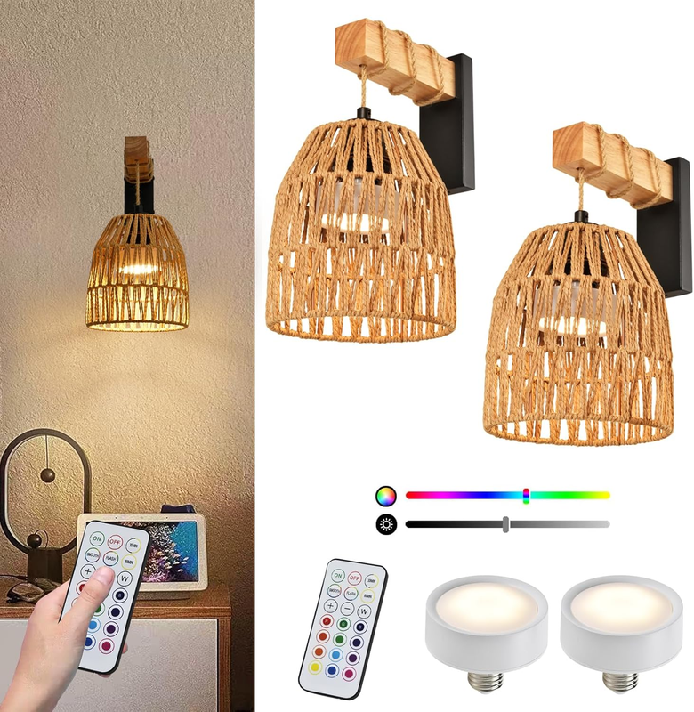 Battery Operated Wall Sconce Set of Two, Rattan Wall Sconces Battery Operated Set of 2, Boho Battery Wall Lights with Remote, Wireless Wall Sconce for Bedroom,Living Room, Entryway 15 Colors Dimmable