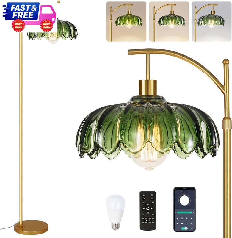 Gold Glass Floor Lamp Dimmable w/ Remote Mid-Century Modern Boho Vintage Arc