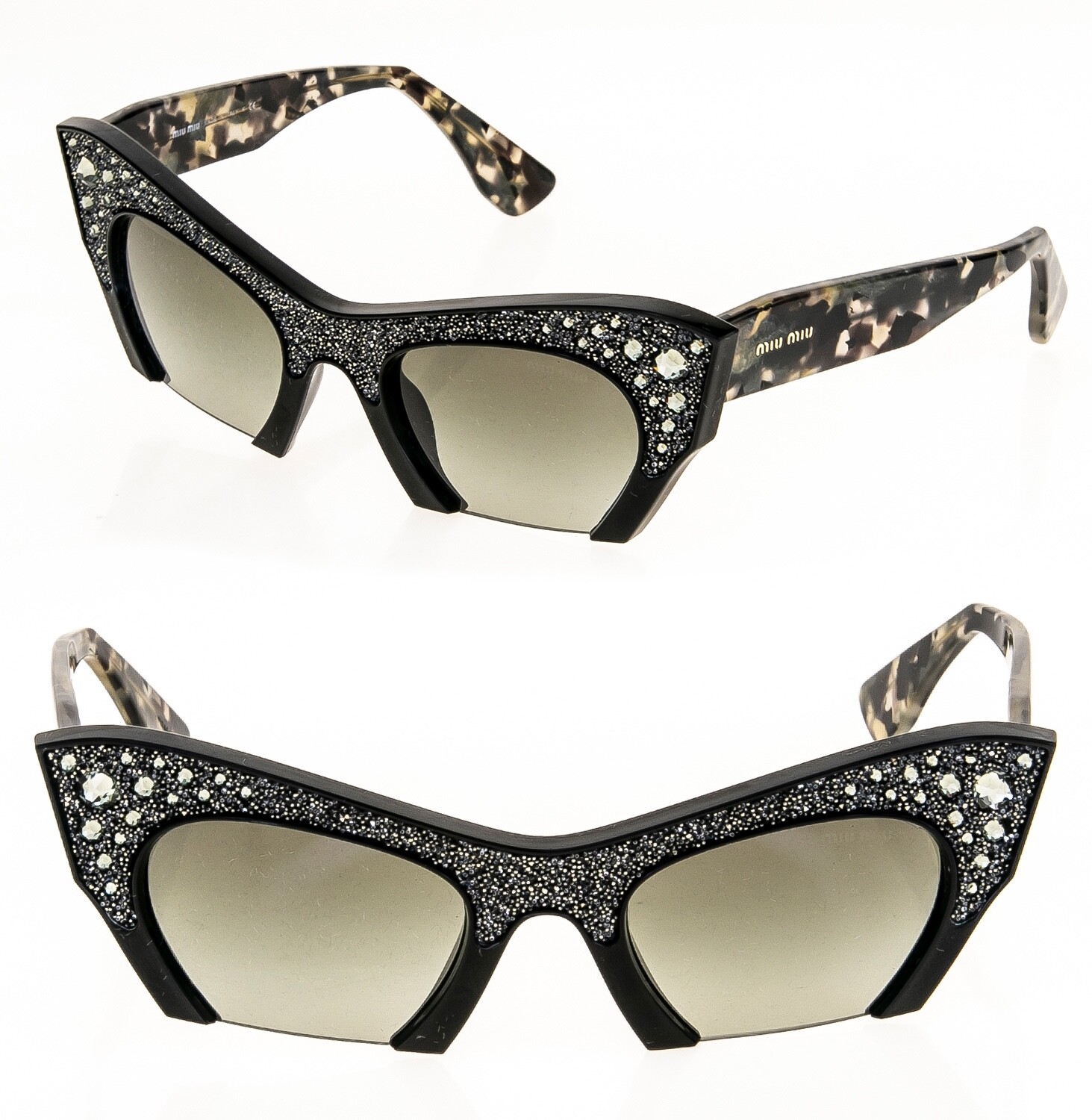 Pre-owned Miu Miu Rasoir 02q Rock Sunglasses Cat Eye Black Marble Crystal Jewel Mu02qs In Gray