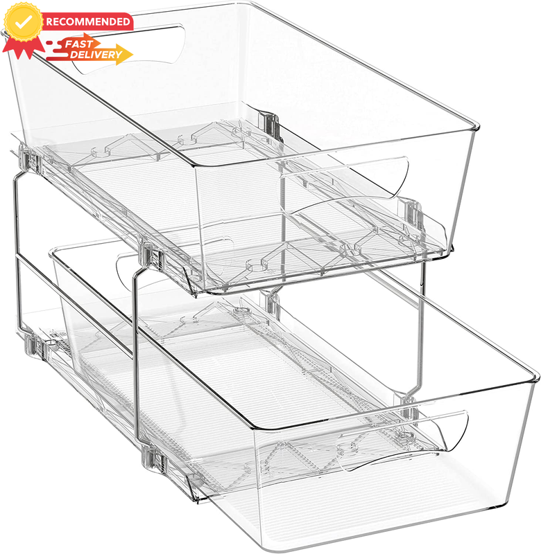 2 Tier Under Sink Organizer, Pull-Out Cabinet Storage Drawer, Clear Plastic