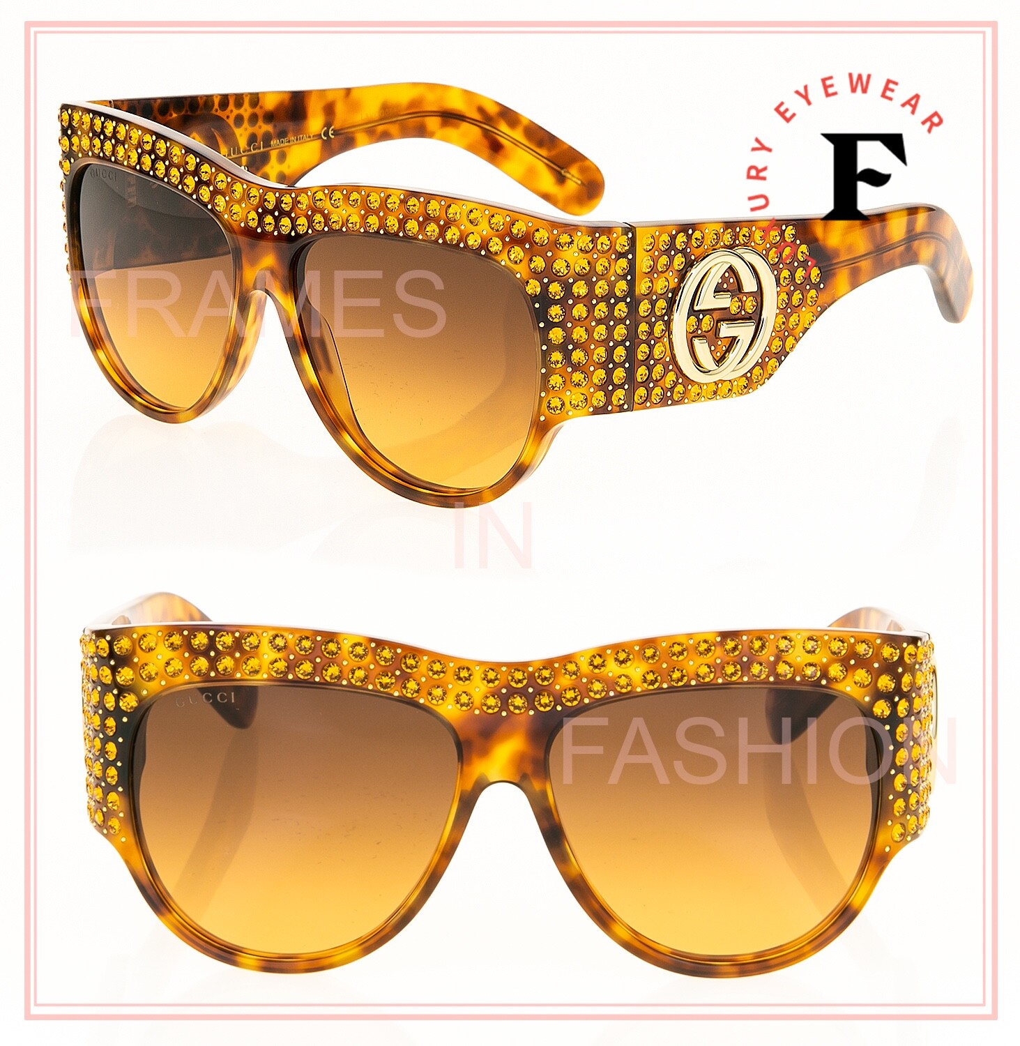 Pre-owned Gucci Authentic Hollywood Forever 0144 Brown Gold Crystal Sunglasses Gg0144s 003