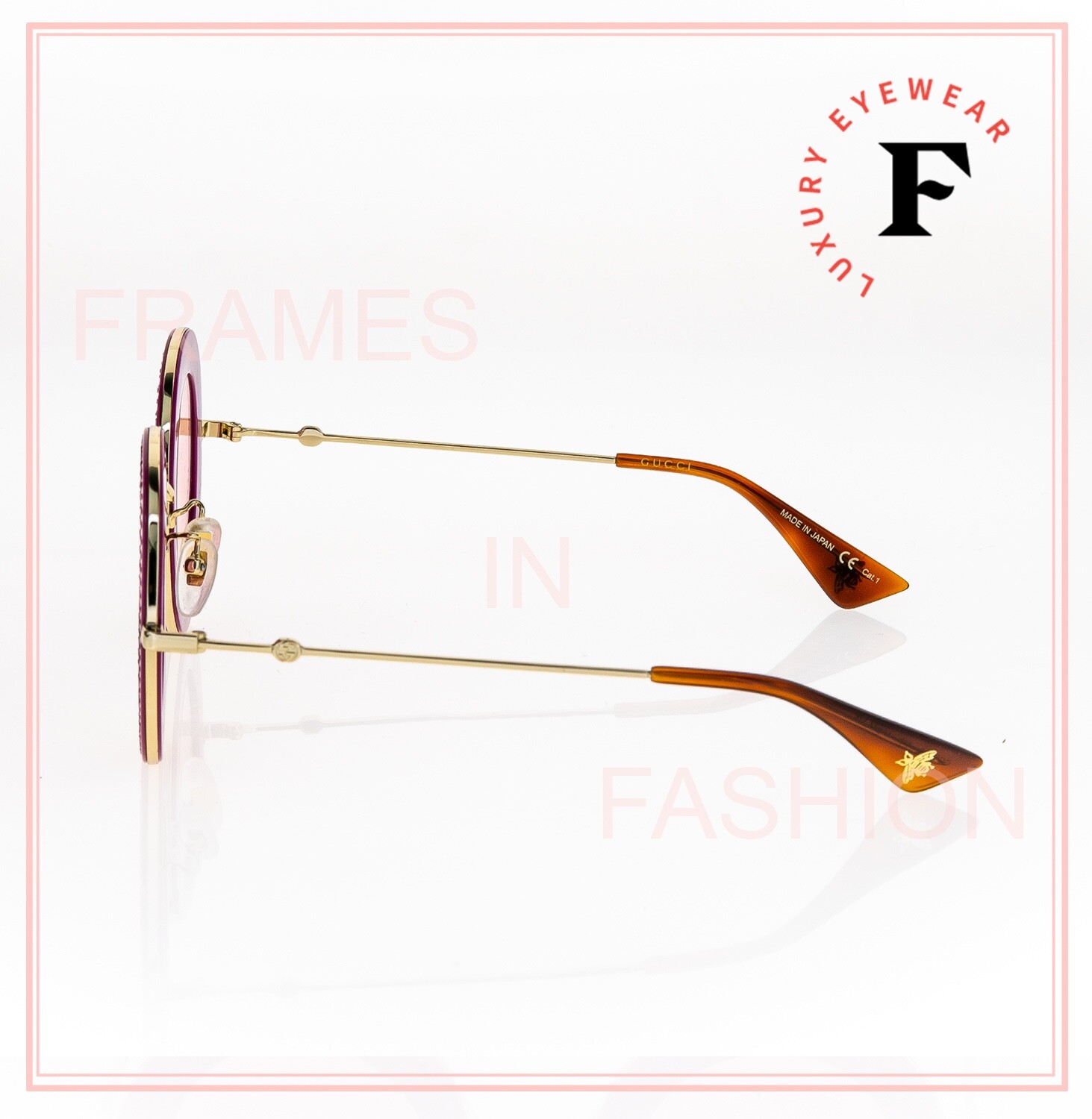 Pre-owned Gucci Authentic 0113 Round Pink Red Gold Crystal Pave Sunglasses Gg0113s 012