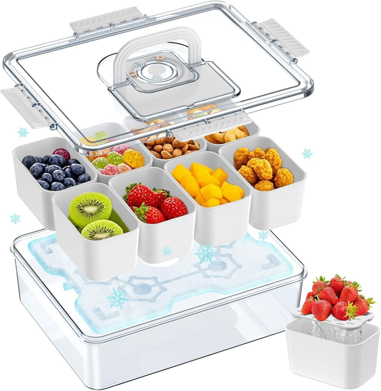 Snackle Box Container with Reusable Ice Pack - 8 Compartment Portable Charcuteri
