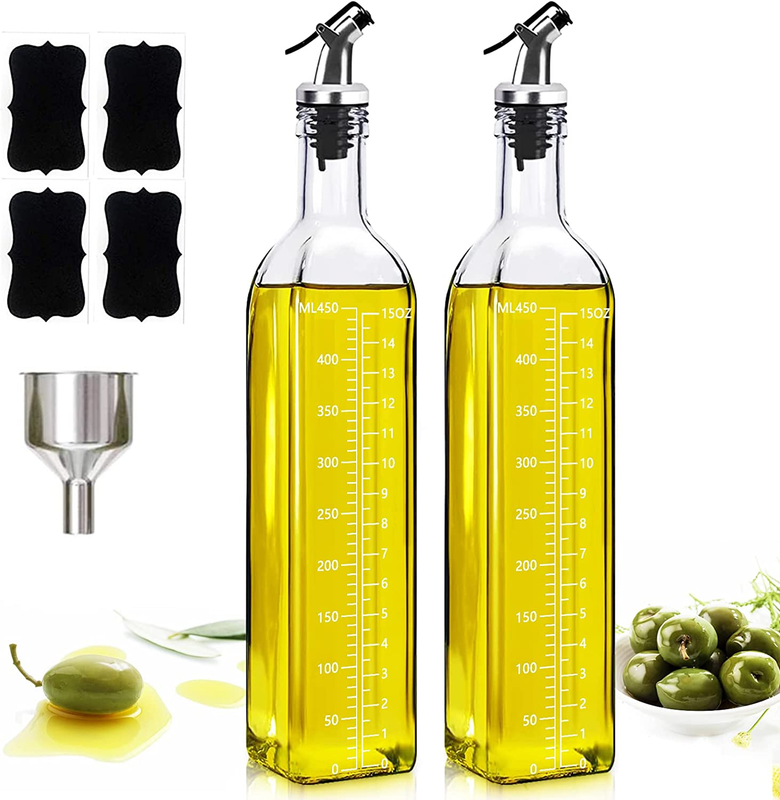 Oil Dispenser Bottle Set Kitchen Square Tall Glass 4 Labels 2 Pourers 1 Funnel