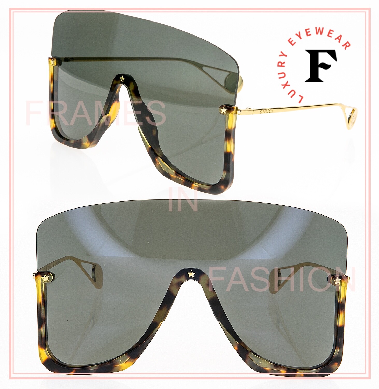 GUCCI STAR 0540 Black Havana Stud Mask Rimless Runway GUCCI STAR 0540 Black Havana Stud Mask Rimless Runway