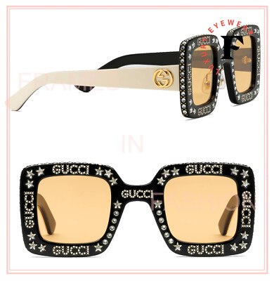 Pre-owned Gucci Black White Hollywood Forever 0780 Crystal Logo Gg0780s Mask Sunglasses In Yellow