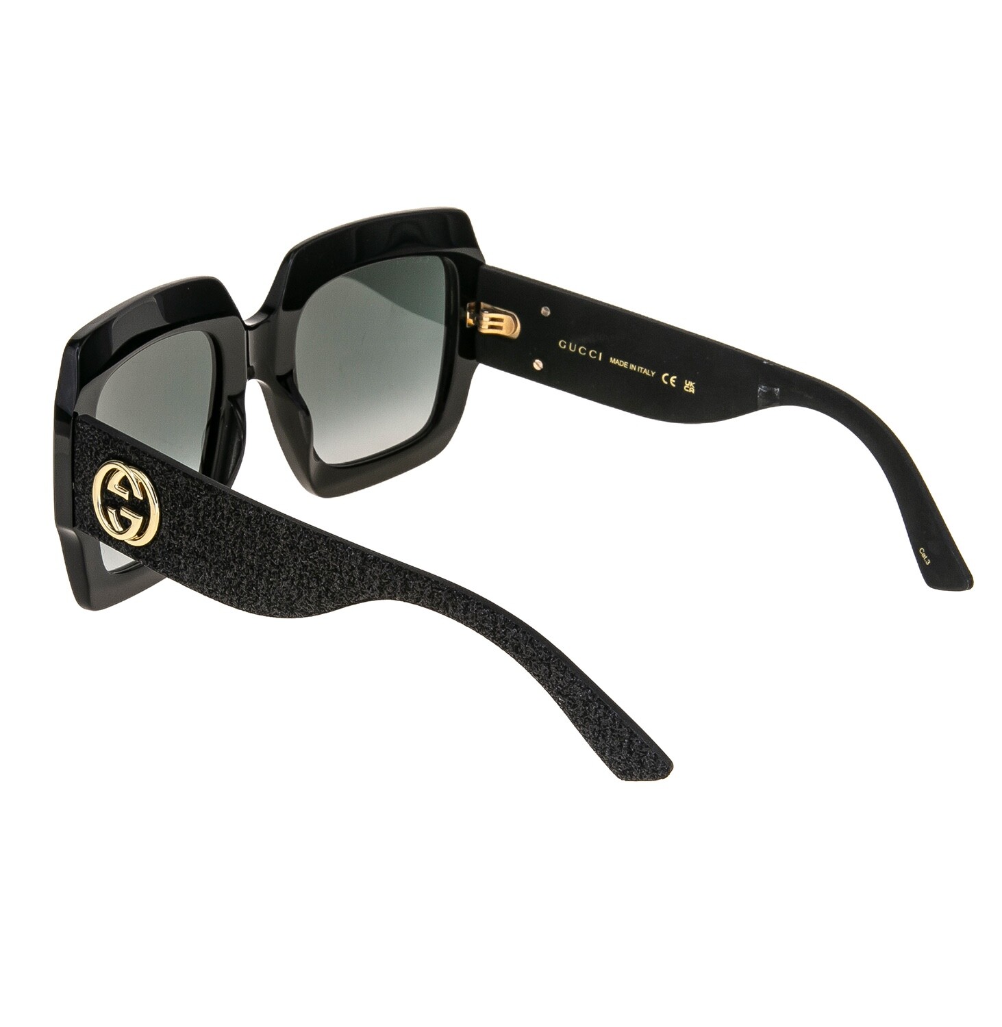 Pre-owned Gucci Glitter 0102 Oversized Rectangular Black Rubber Sunglasses Gg0102s 001 In Gray