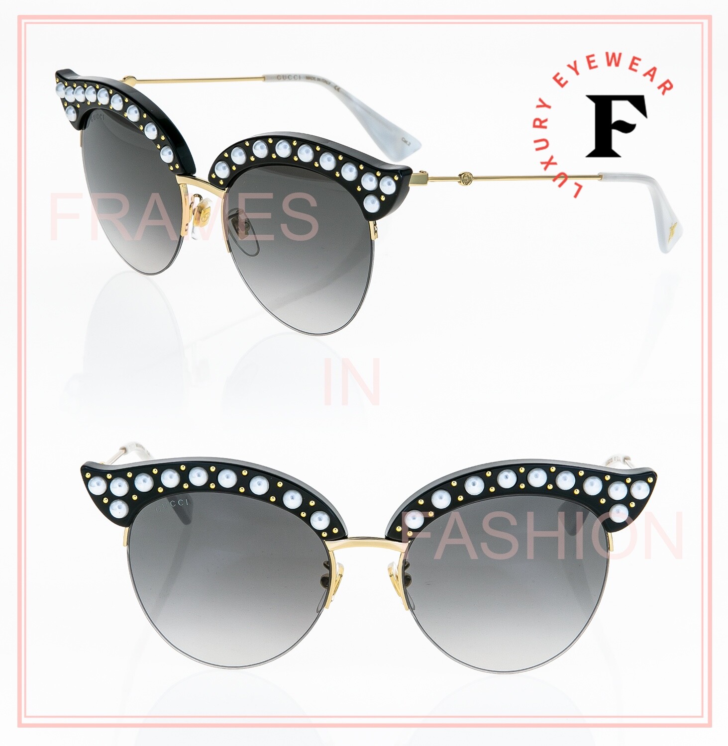 Pre-owned Gucci Hollywood Forever Black Gold Authentic Pearl 0212 Sunglasses Gg0212s 001 In Gray