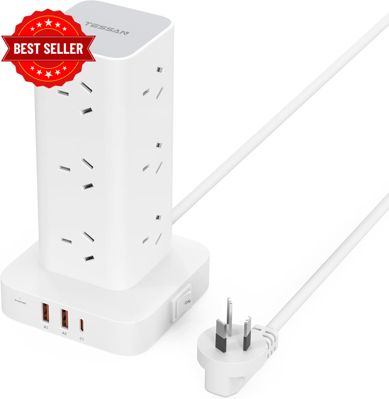 Power Board with USB C, Tower Power Strip Flat Plug 12 AC Outlets 3 USB Ports(1 