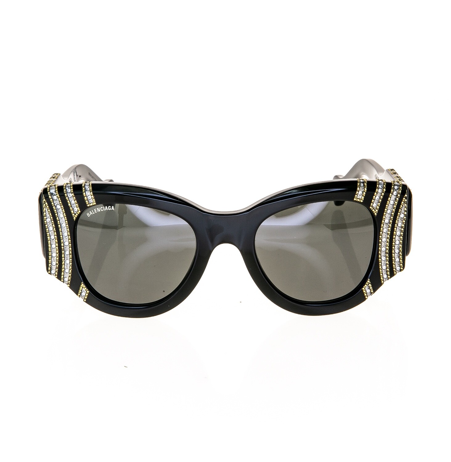 Pre-owned Balenciaga Paris Cat 0070 Black 007 Crystal Stud Chunky Sunglasses Bb0070s 005 In Gray
