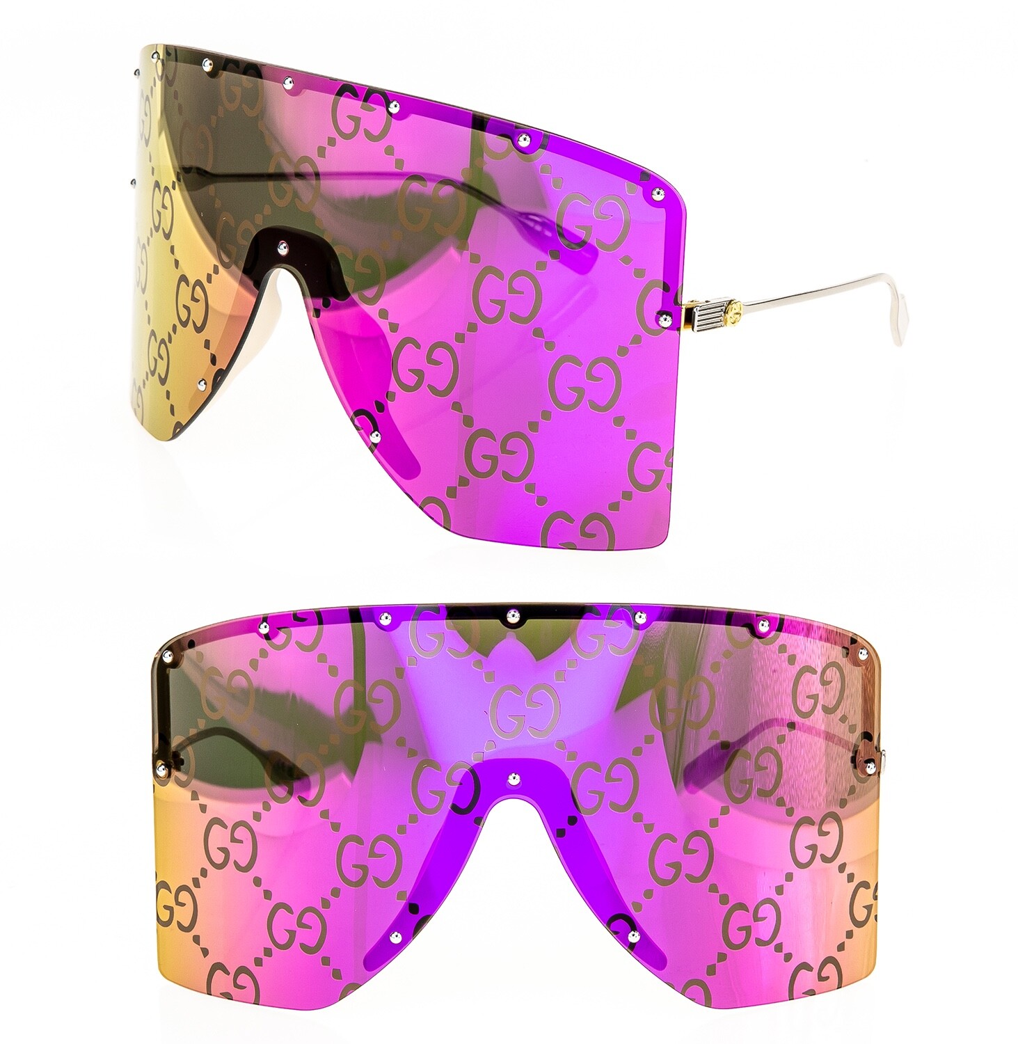 Pre-owned Gucci Authentic Stud Oversize Mask 1244 Silver Purple Metal Sunglass Gg1244s 002