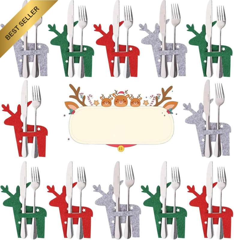 12 Pcs Felt Cutlery Bags Elk Design Reusable Knife Fork Spoon Holders