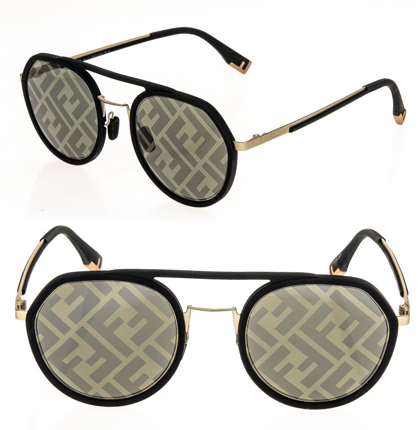 Pre-owned Fendi Light 40054 Black Gold Ff Mirror Print Round Metal Sunglasses Fe40054i