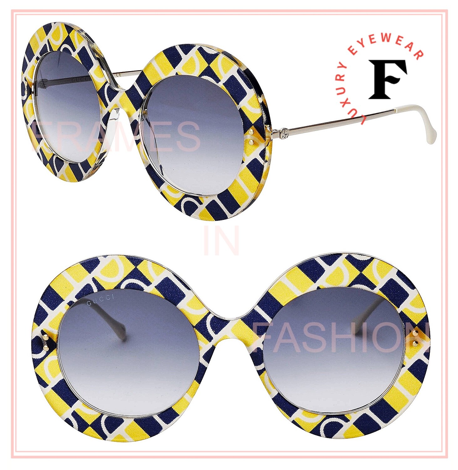 Pre-owned Gucci 0894 Blue Yellow Horsebit Print Oversized 001 Sunglasses Gg0894s Authentic