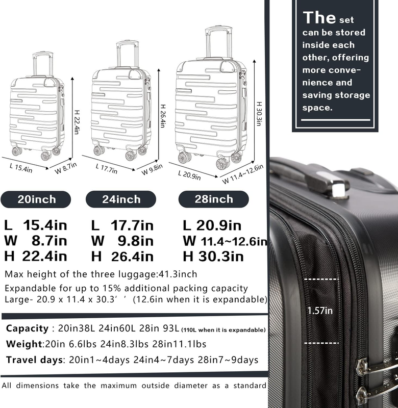 Coolife Luggage Suitcase Carry-On Hardside Travel Luggage TSA Lock Spinner Teles