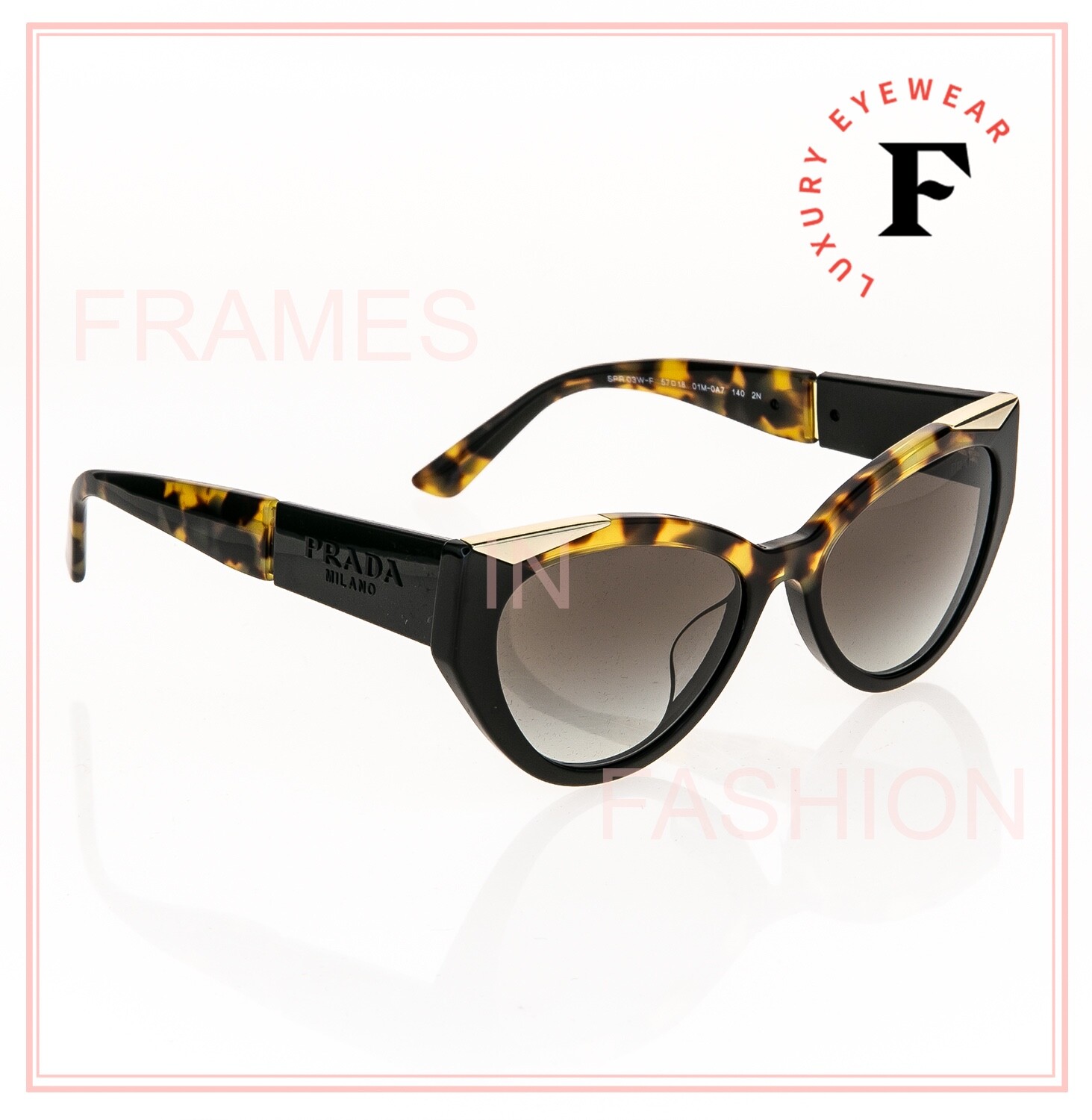 Pre-owned Prada Symbole Black Havana Gold Triangle Pr03wsf 03w Cat Eye Fashion Sunglasses In Gray