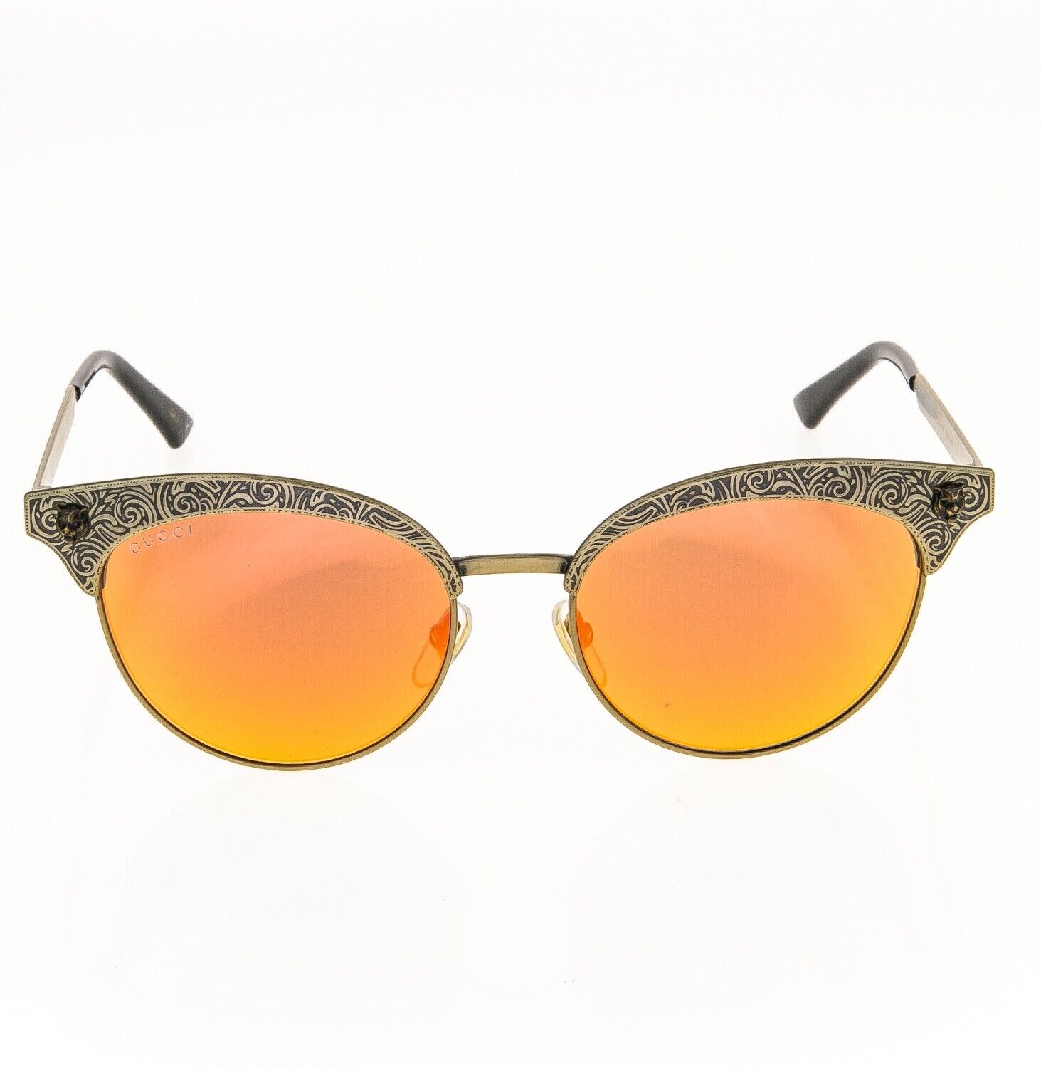 Pre-owned Gucci Gg0220s Brass Bronze Filigree Orange Wild Cat Stud Sunglasses 0220 001 In Red