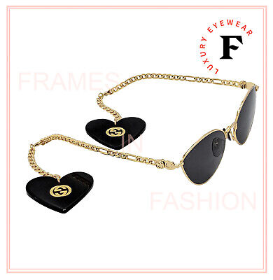 Pre-owned Gucci Chain 0977 Gold Black Tiger Heart Detachable Charm Sunglasses Gg0977s 001 In Gray