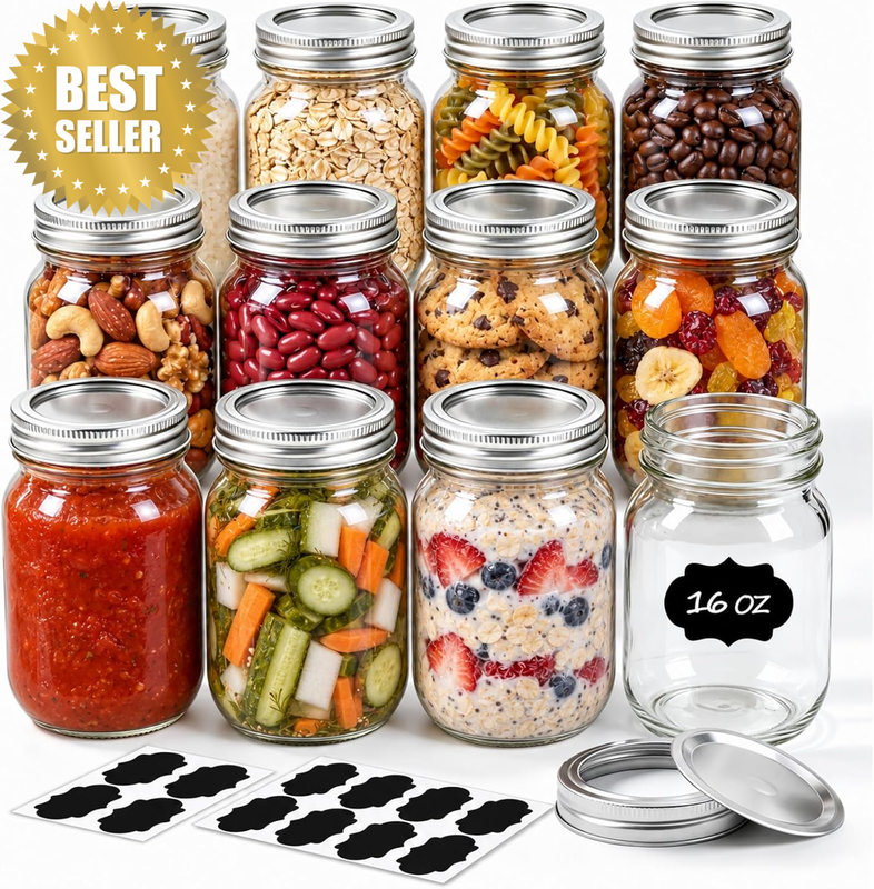 12 Pack 500Ml Mason Jars, Glass Canning Jars with Airtight Lids & Bands