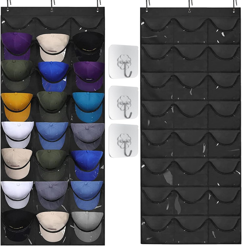 Hat Rack for Baseball Caps Hat Organizer with 24 Clear Deep Pockets, Hanging Hat