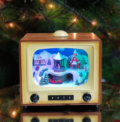 6'' H Brown Red Retro TV with Mountain Scene (Animated Train) - LED Lights, 8 Cla