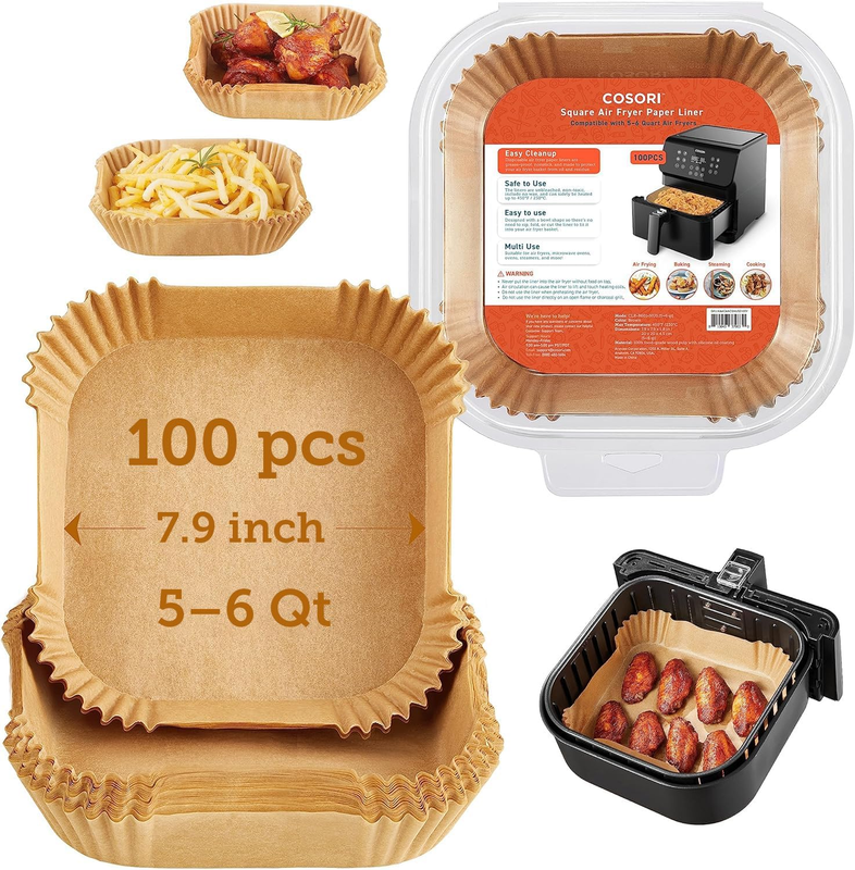 Air Fryer Liners, 100 PCS Square Disposable Paper Liners, Non-Stick Silicone Oil