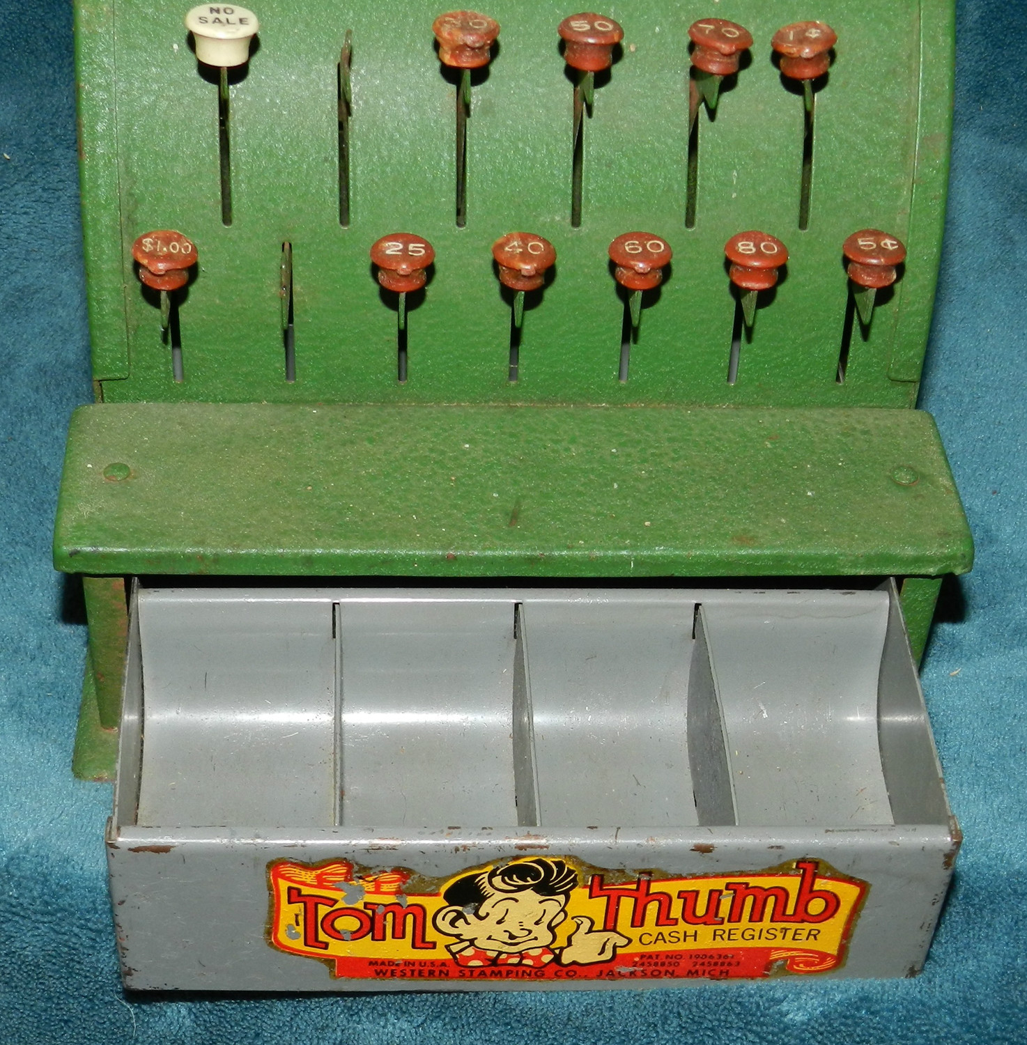 PRIMITIVE ANTIQUE/VINTAGE TOM THUMB TOY CASH REGISTER!! GREEN METAL/TIN