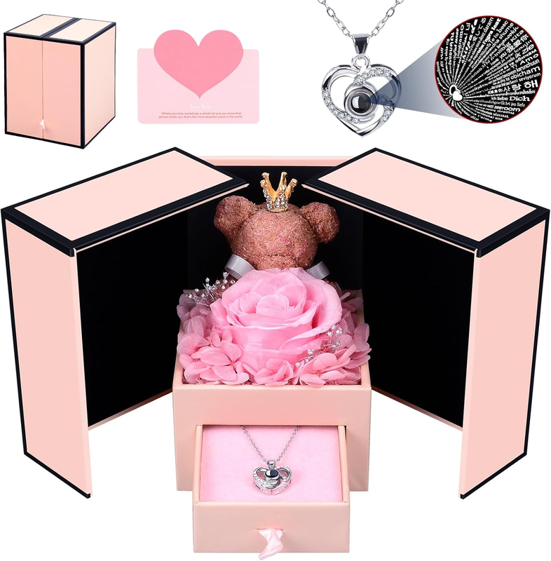 Preserved Rose Moss Bear Gift, Eternal Flowers Rose with I Love You in 100 Neckl