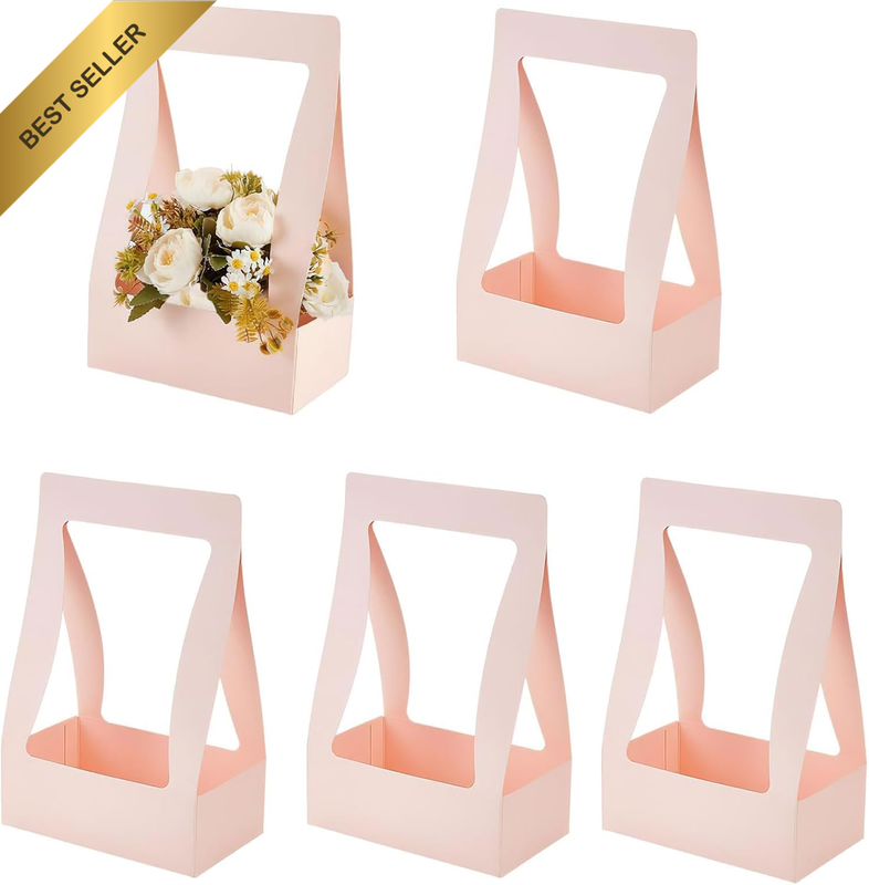 5 Pieces Paper Flower Gift Bags, Pink Bouquet Flower Box with Handheld DIY Arran