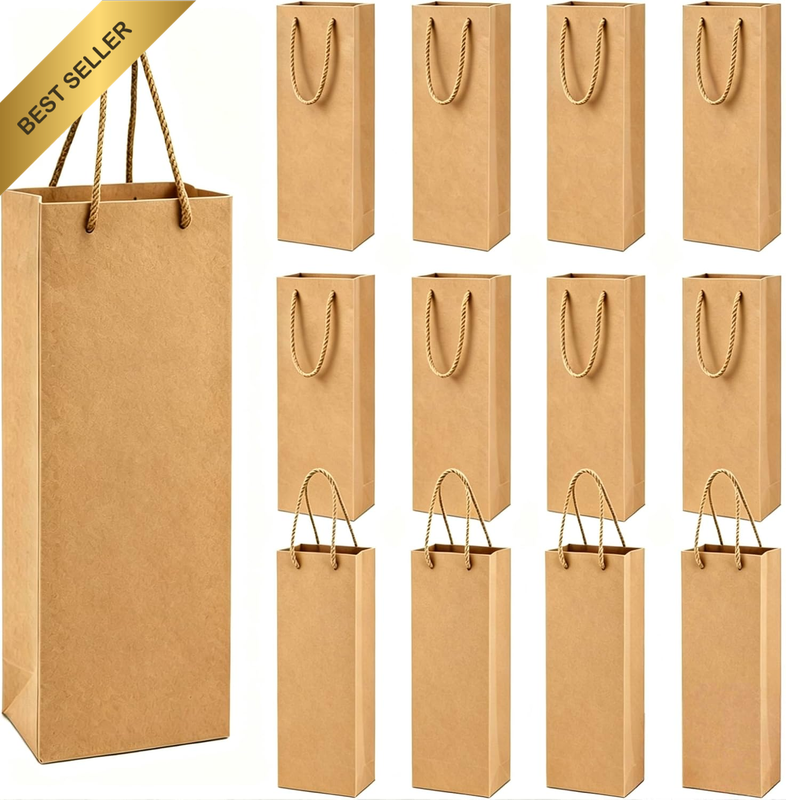 20 Pack Kraft Paper Wine Gift Bags with Handles, Reusable Burlap Style Bottle Ba
