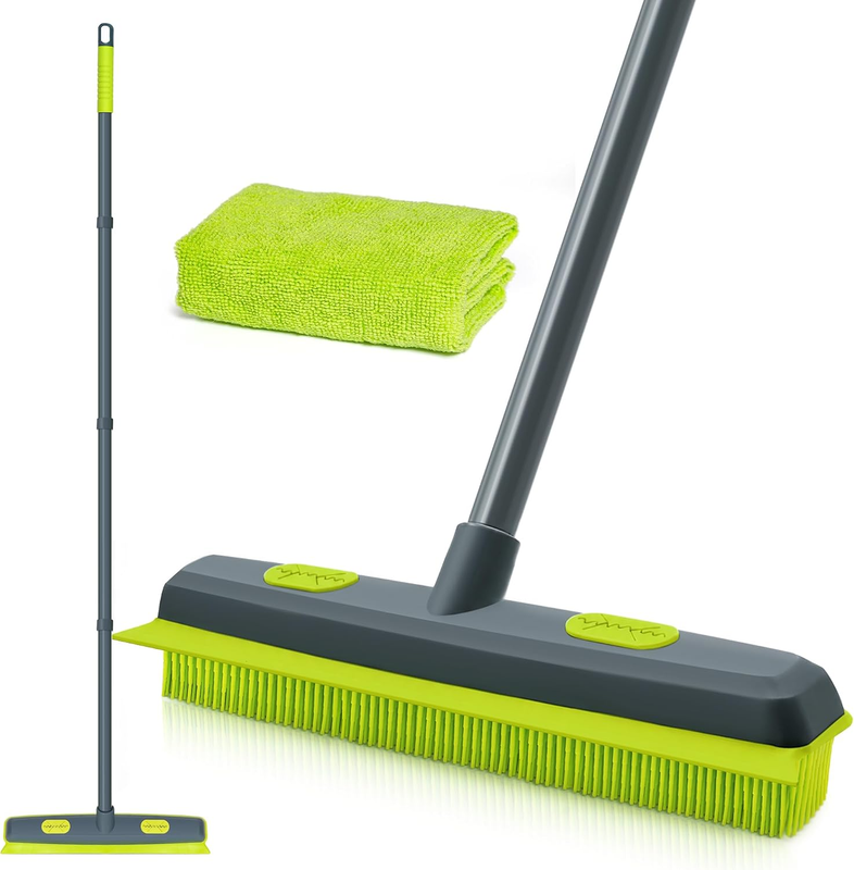 Rubber Broom with Squeegee, 140 Cm Carpet Brush for Pet Hair, Fur Remover Tool w