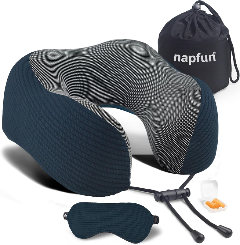 Memory Foam Travel Neck Pillow, Portable Deep Blue Set, Medium