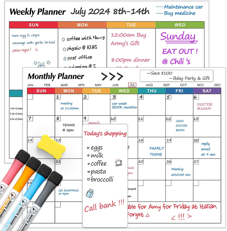 3 Pack Magnetic Dry Erase Calendar White Board for Fridge - Monthly & Weekly Pla