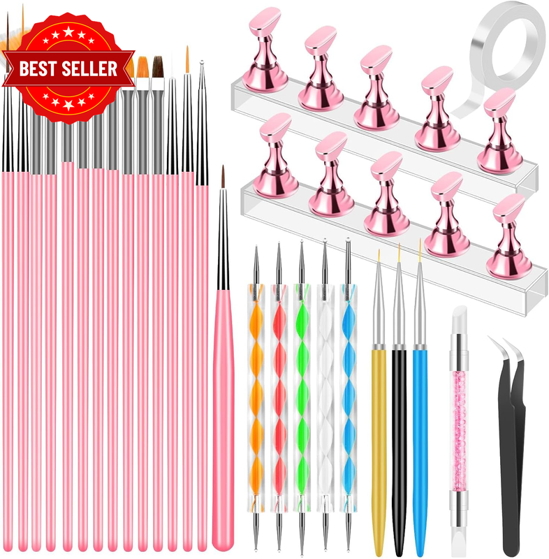 28Pcs Press on Nail Stand with Nail Art Liner Brushes and Nail Brush Holder Prof