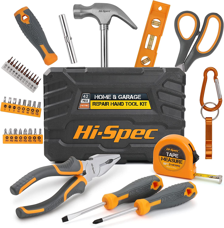 Hi-Spec 42Pc Yellow Household Tool Kit Set. Starters Basic DIY Hand Tools for Ho