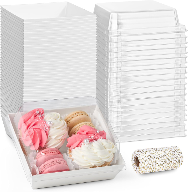 50 Pack 5 Inch Paper Charcuterie Boxes with Clear Lids, Square to Go Cake Slice Containers Small Bakery Boxes for Dessert, Cookies, Sandwich, Strawberries (White)