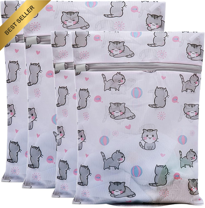 4-Pack Mesh Laundry Bags for Delicates Bra Wash Bag with Cat Prints