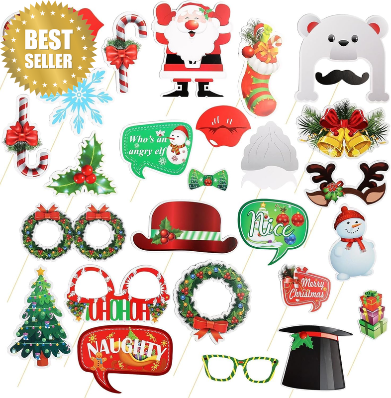 29Pcs Christmas Photobooth Props Set Bamboo Sticks Santa Snowman Elf