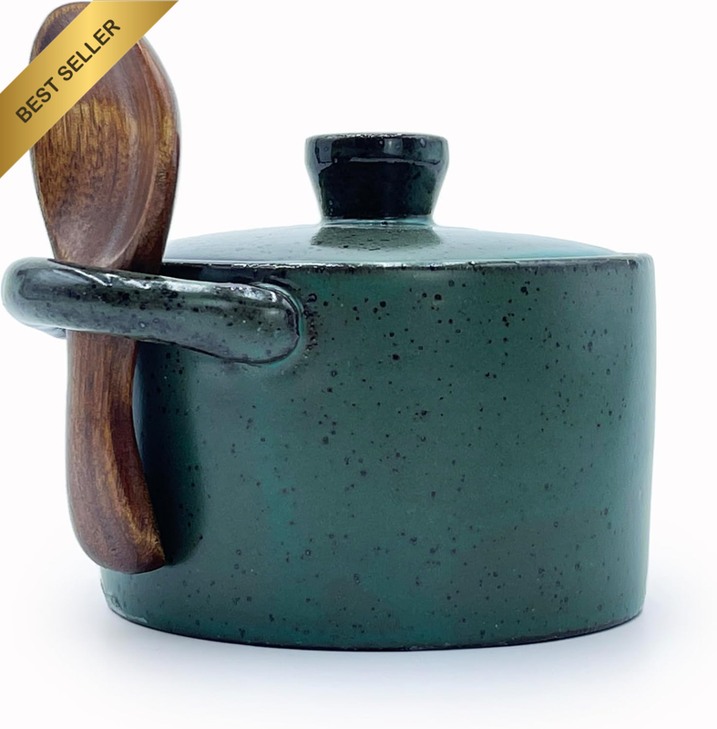 8 Oz / 250 Ml Ceramic Salt Cellar with Lid & Wooden Spoon,Countertop Salt Contai