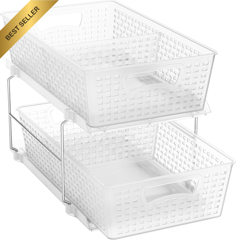2 Tier Pull Out Drawer with Removable Divider for Cabinet under Sink Organiser,