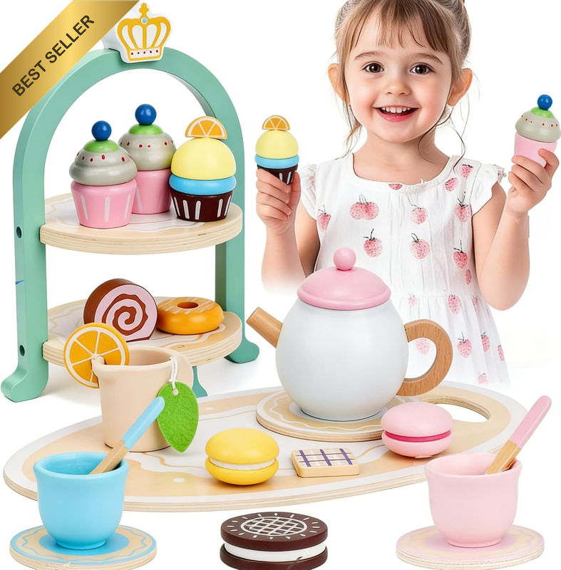Wooden Tea Sets for Toddlers 3-5, Princess Tea Party Set for Little Girls with C