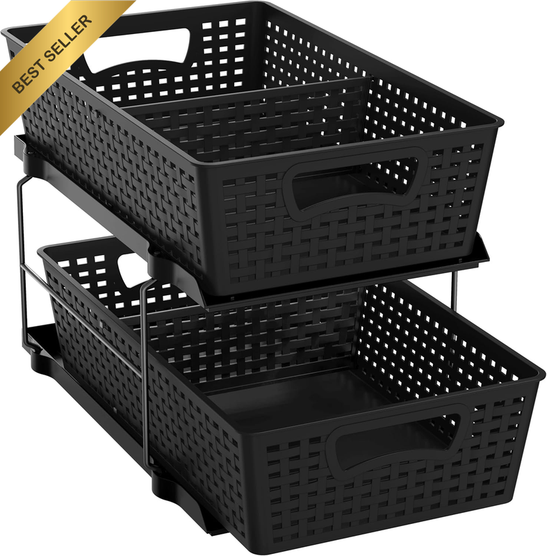 2 Tier Pull Out Drawer with Removable Divider for Cabinet under Sink Organiser,